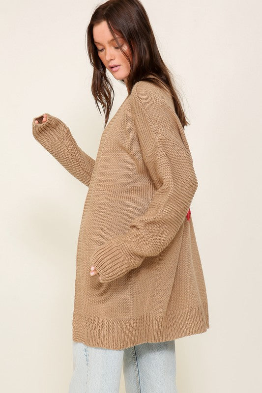 Oversized Long Sleeve Open Front Cardigan With Back Heart