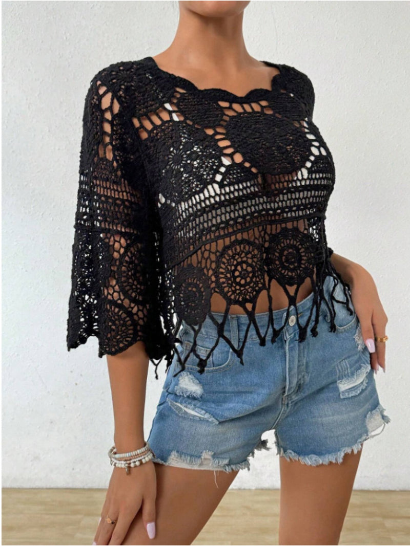 *2 COLORS* Festival Vibes Openwork Round Neck Top