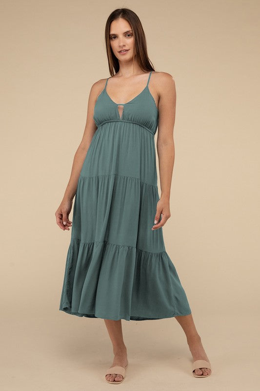*3 COLORS* Woven Sweetheart Neckline Tiered Cami Midi Dress