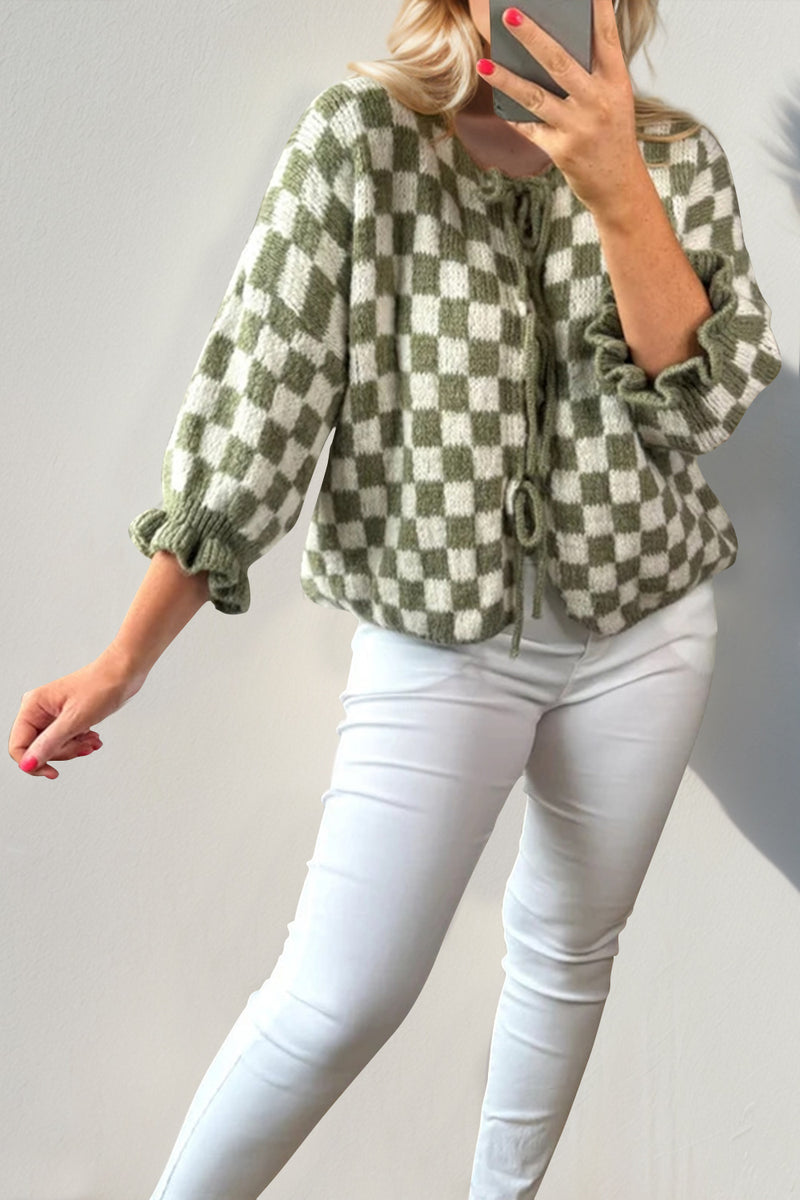 7 COLORS Checkered Dropped Shoulder Flounce Sleeve Cardigan