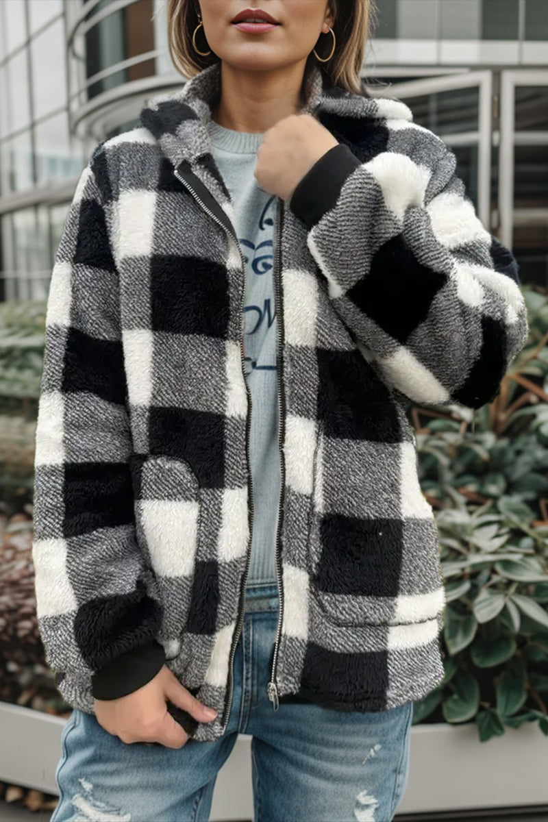 4 COLORS - Plaid Long Sleeve Hooded Coat