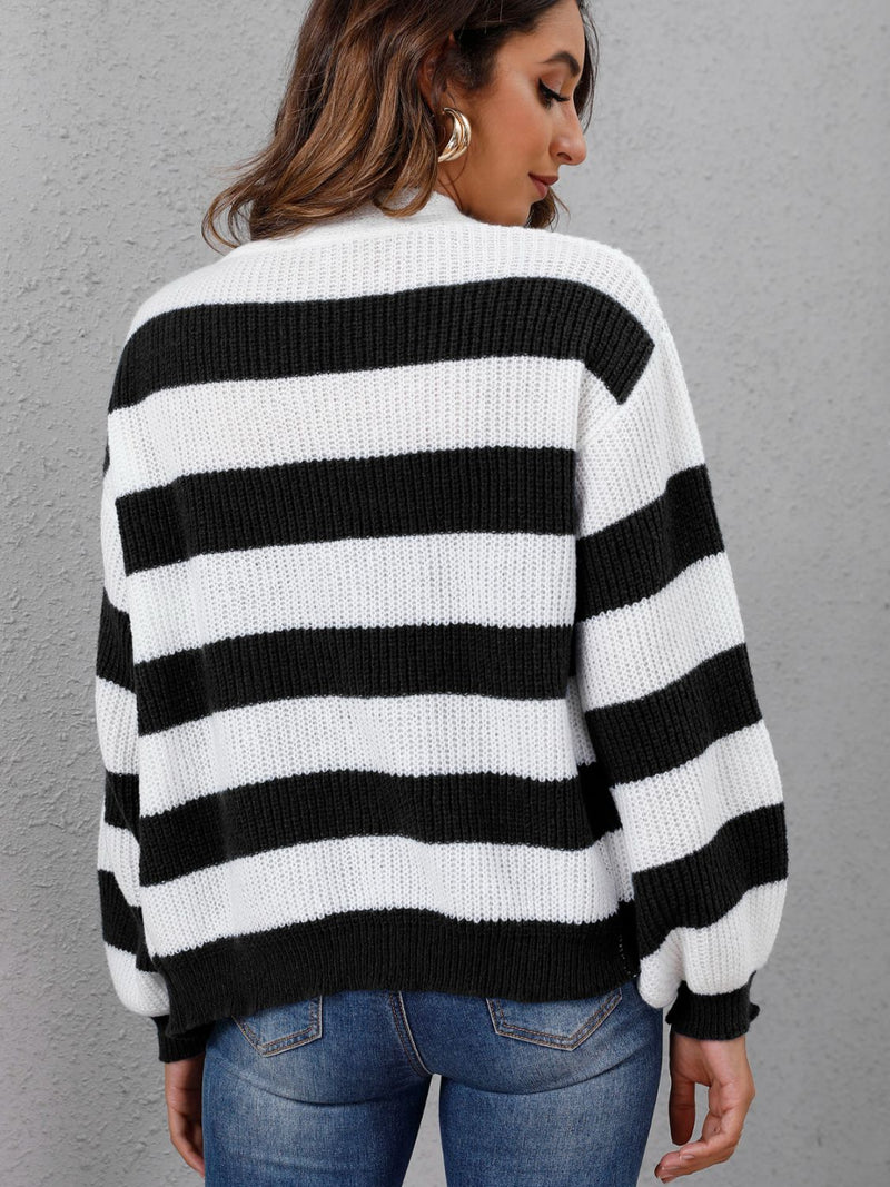 4 COLORS - Striped Button Up Long Sleeve Sweater