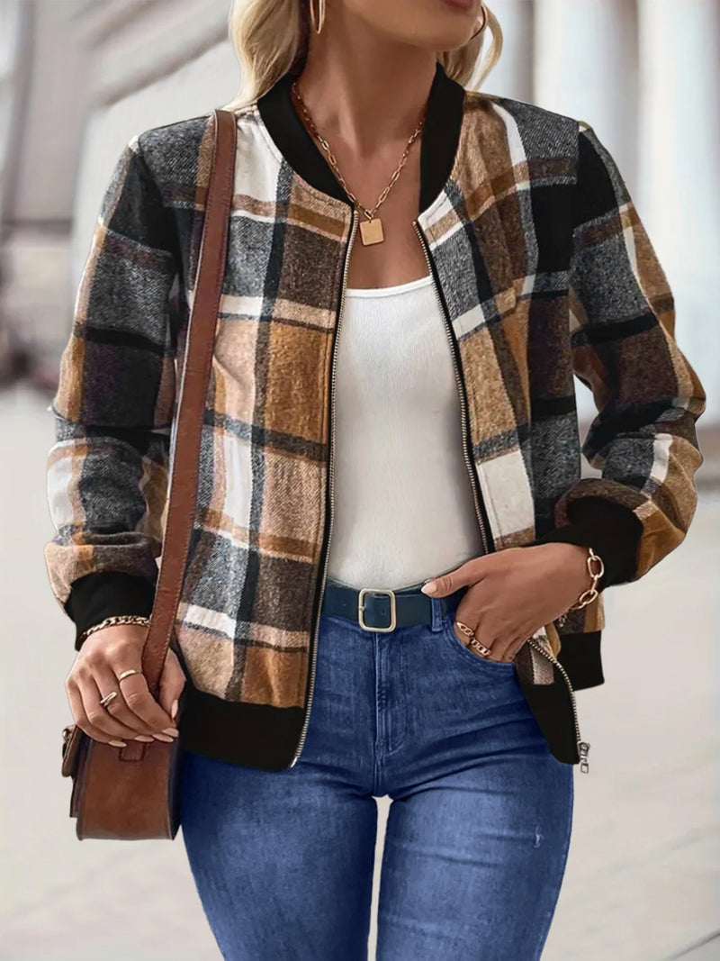 3 COLORS Plus Size Plaid Baseball Collar Zip Up Jacket