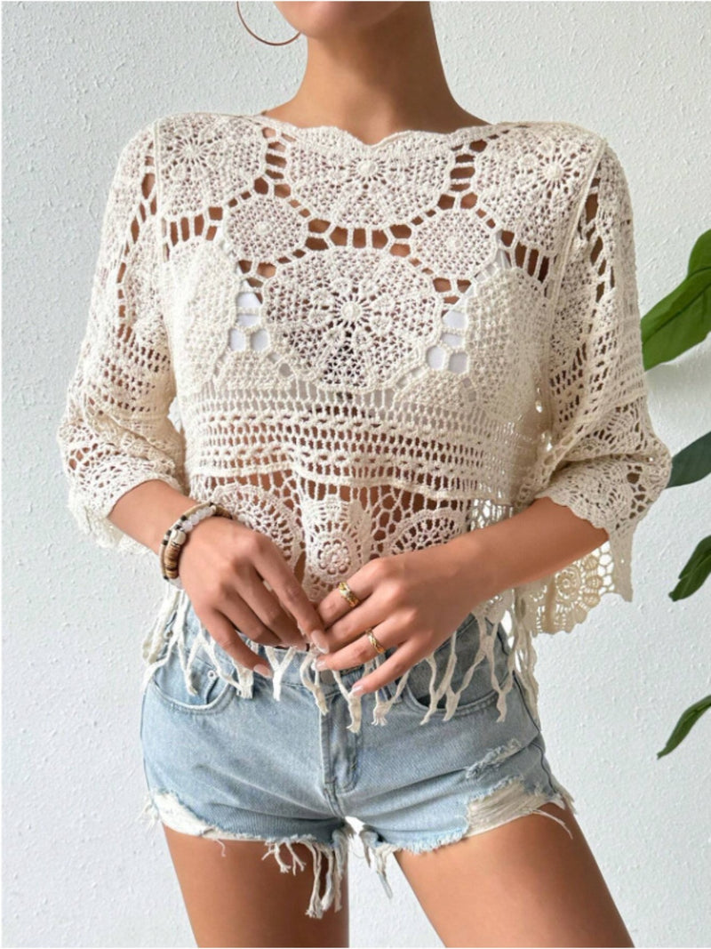 *2 COLORS* Festival Vibes Openwork Round Neck Top