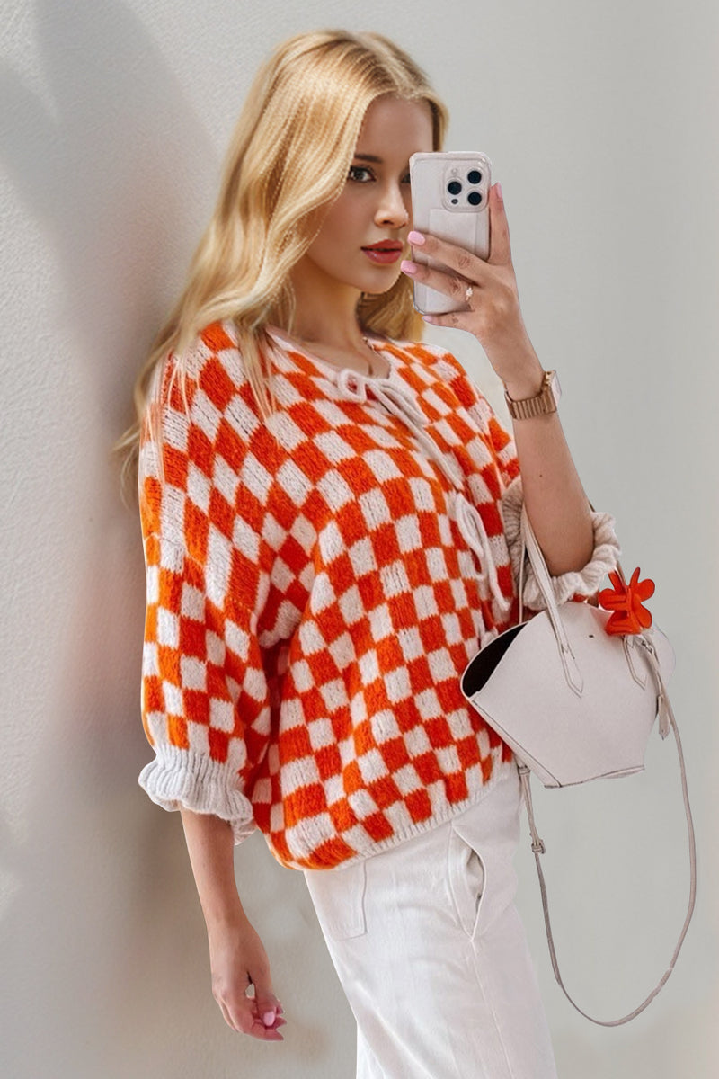 7 COLORS Checkered Dropped Shoulder Flounce Sleeve Cardigan