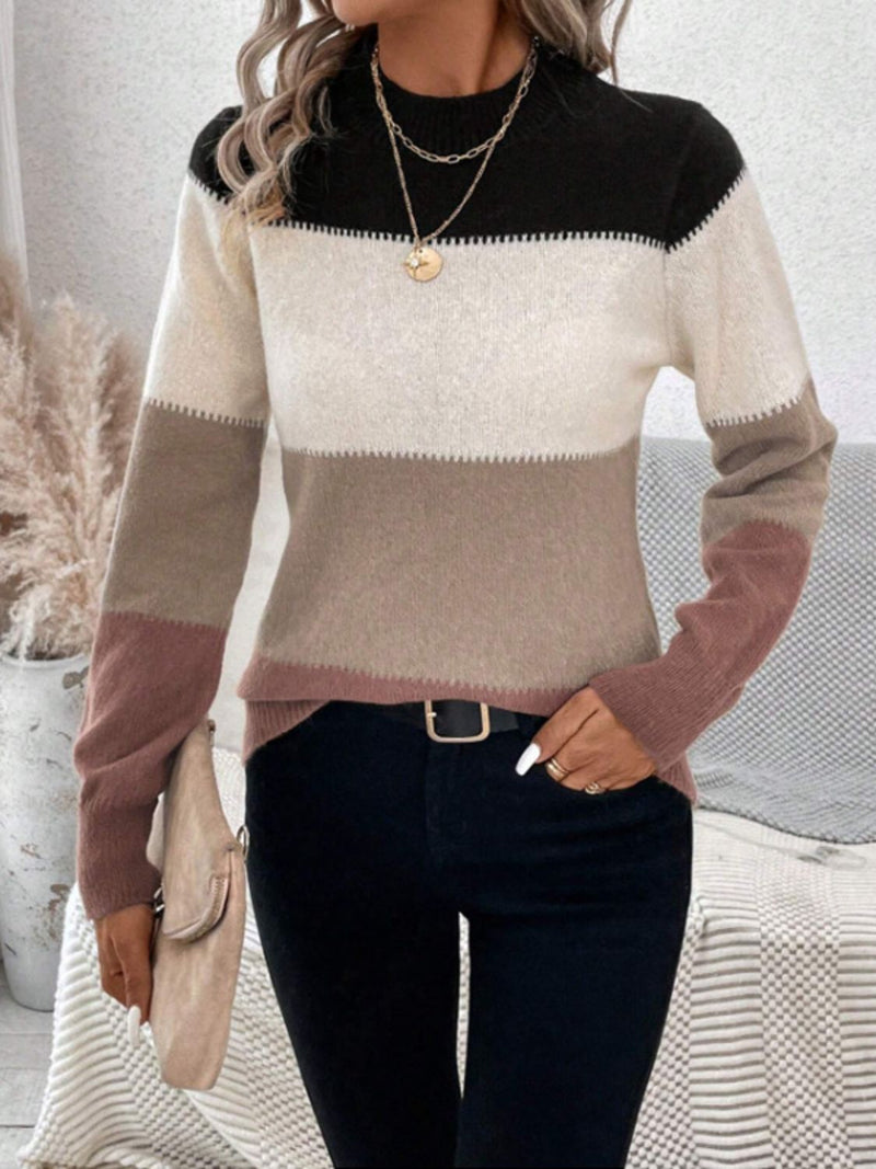 6 COLORS Color Block Mock Neck Long Sleeve Sweater