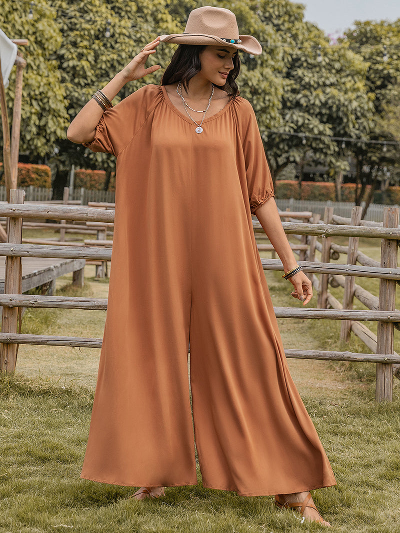 Teacher Approved Neck Half Sleeve Wide Leg Jumpsuit