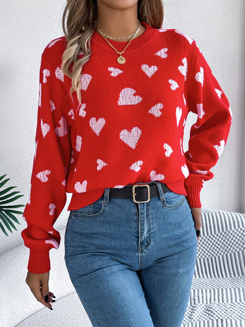 3 COLORS - Heart Round Neck Long Sleeve Sweater