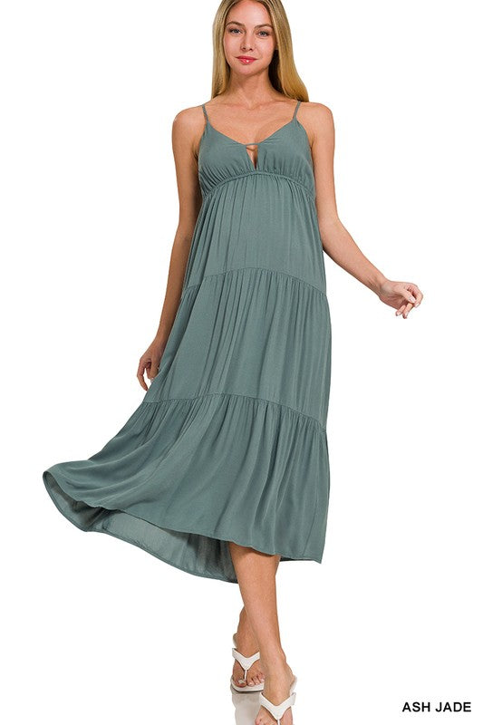 *3 COLORS* Woven Sweetheart Neckline Tiered Cami Midi Dress