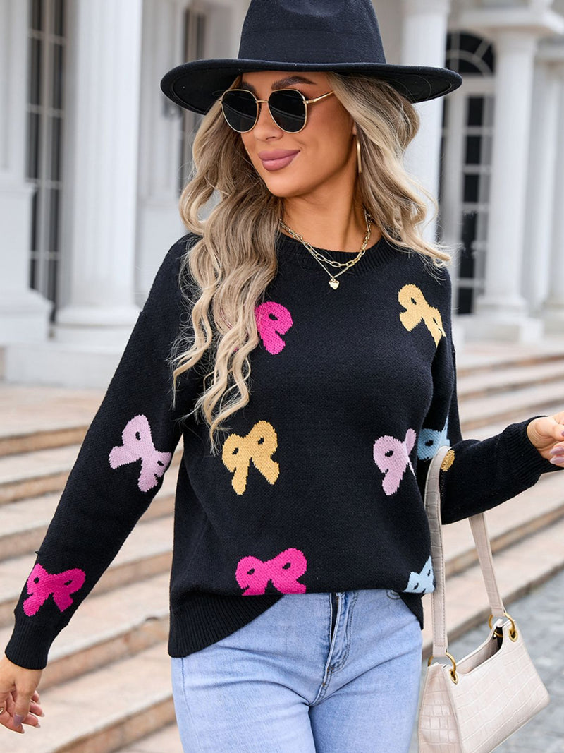 3 COLORS Bow Graphic Round Neck Long Sleeve Sweater