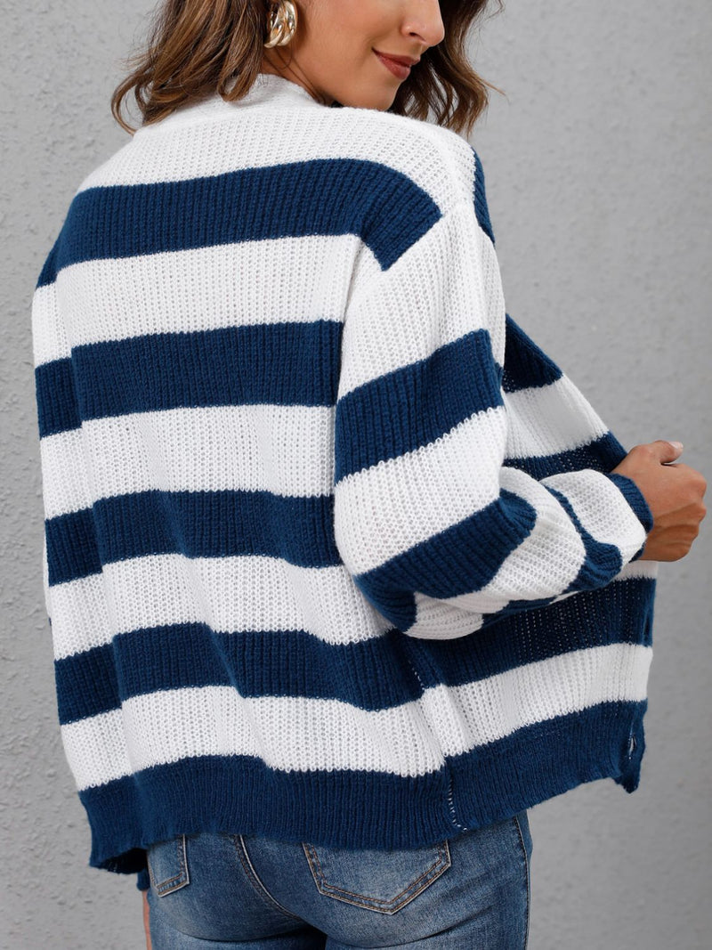 4 COLORS - Striped Button Up Long Sleeve Sweater