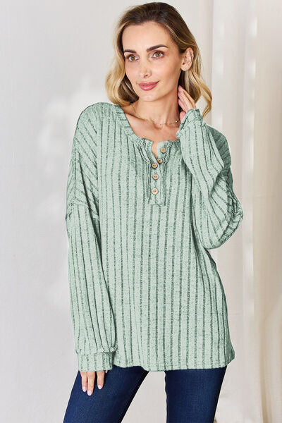 Ribbed Half Button Long Sleeve Top