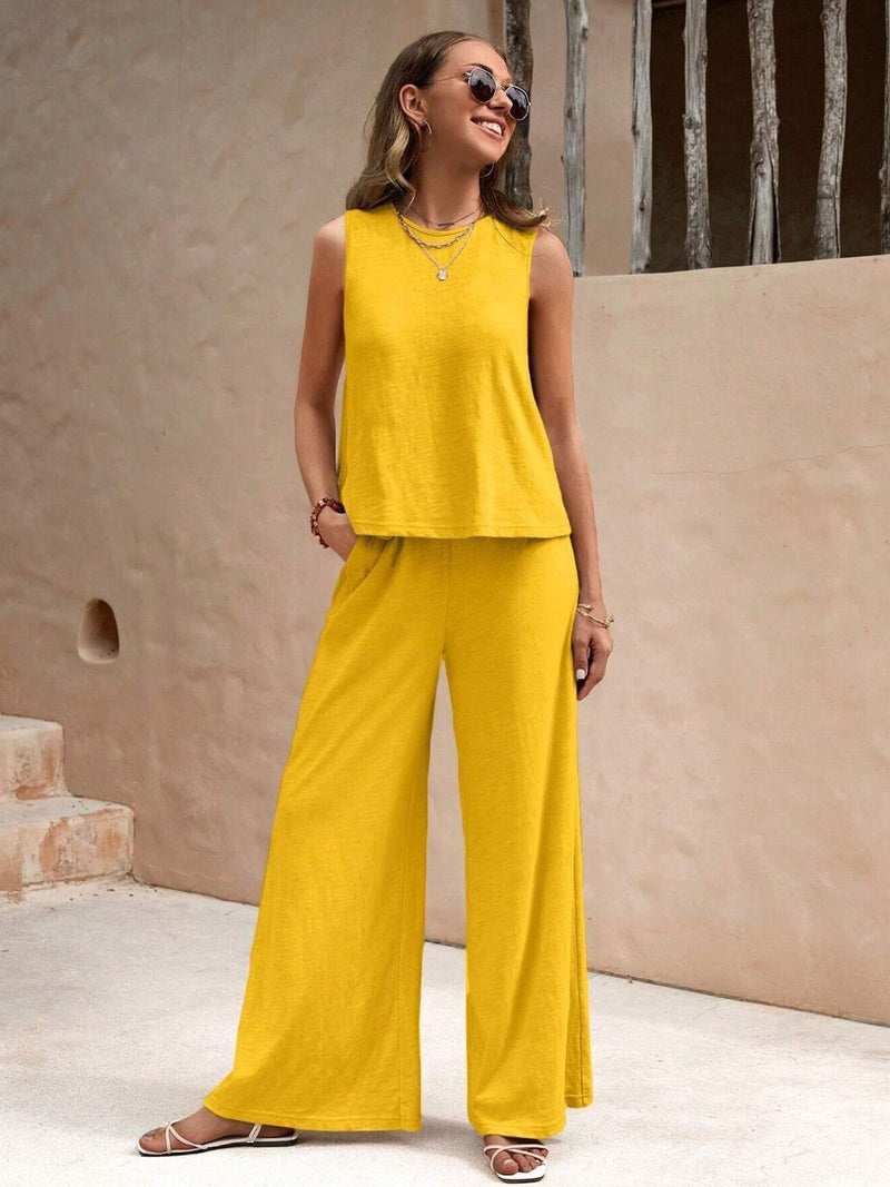 *5 COLORS* Round Neck Sleeveless Top and Wide Leg Pants Set