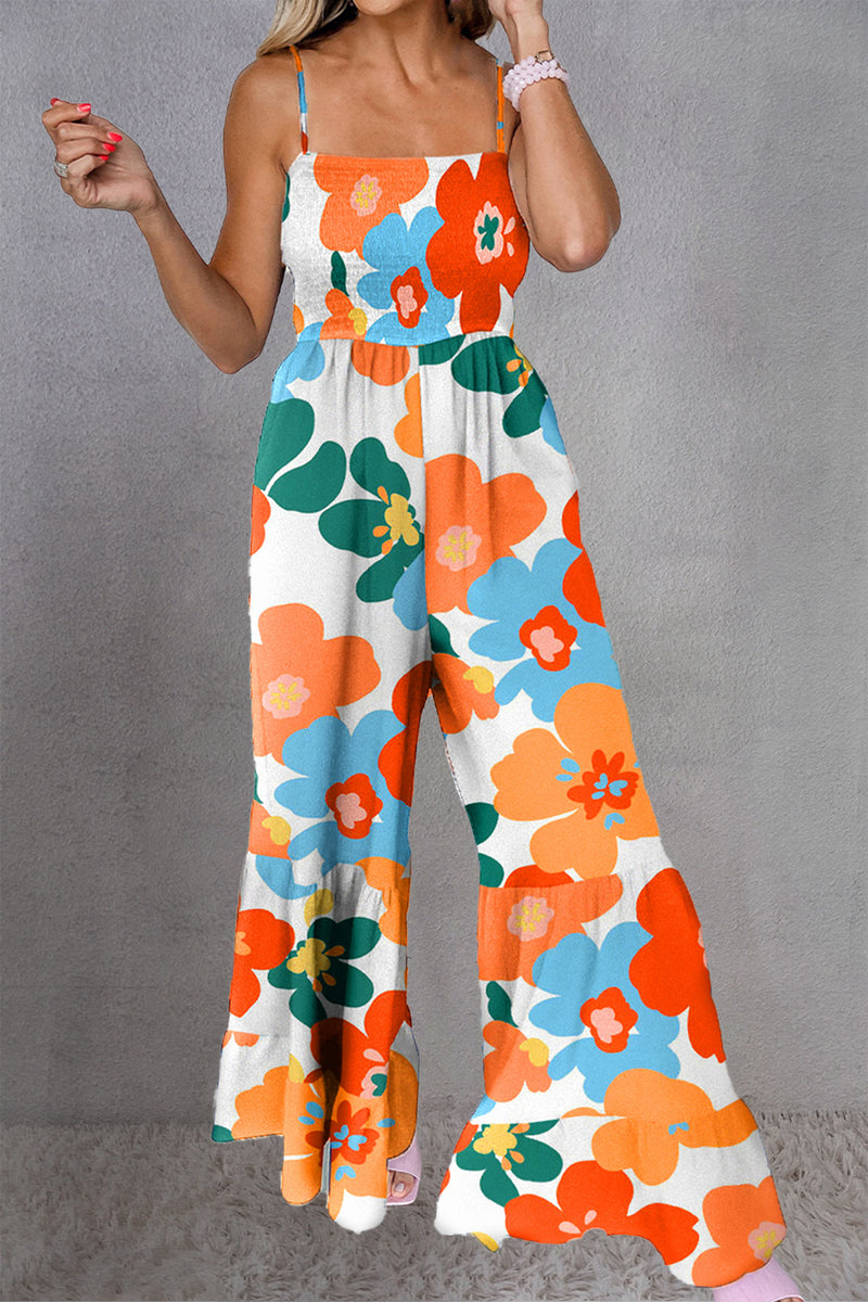 Retro Floral Smocked Spaghetti Strap Jumpsuit