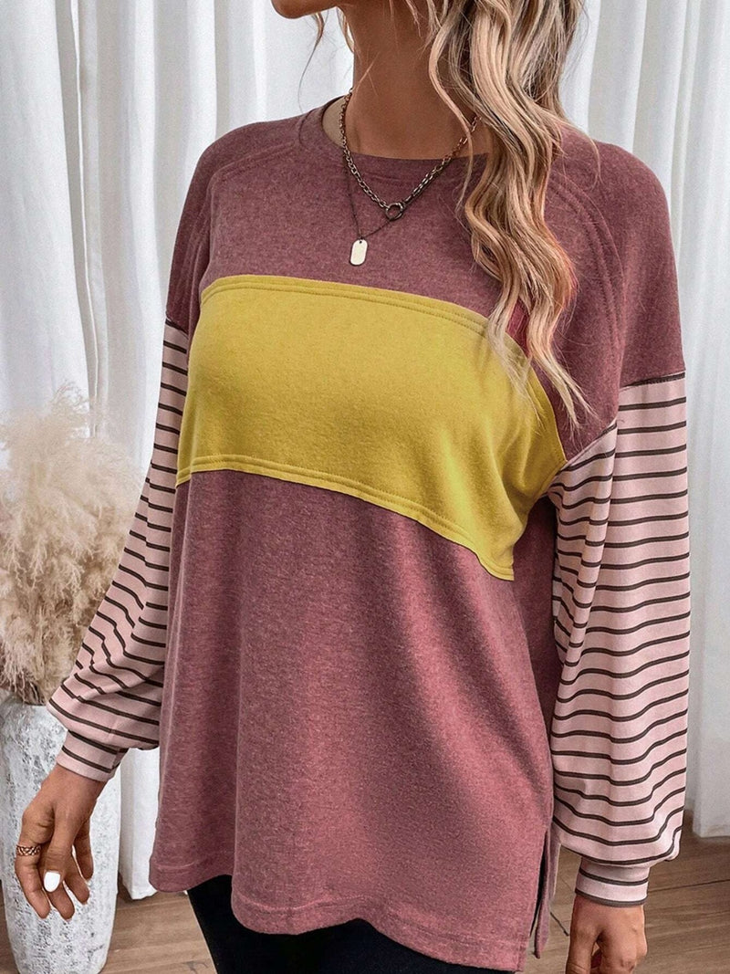 Round Neck Striped Long Sleeve Slit Top