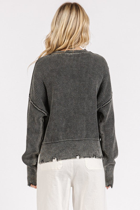 Distressed Hem Round Neck Dropped Shoulder Sweater