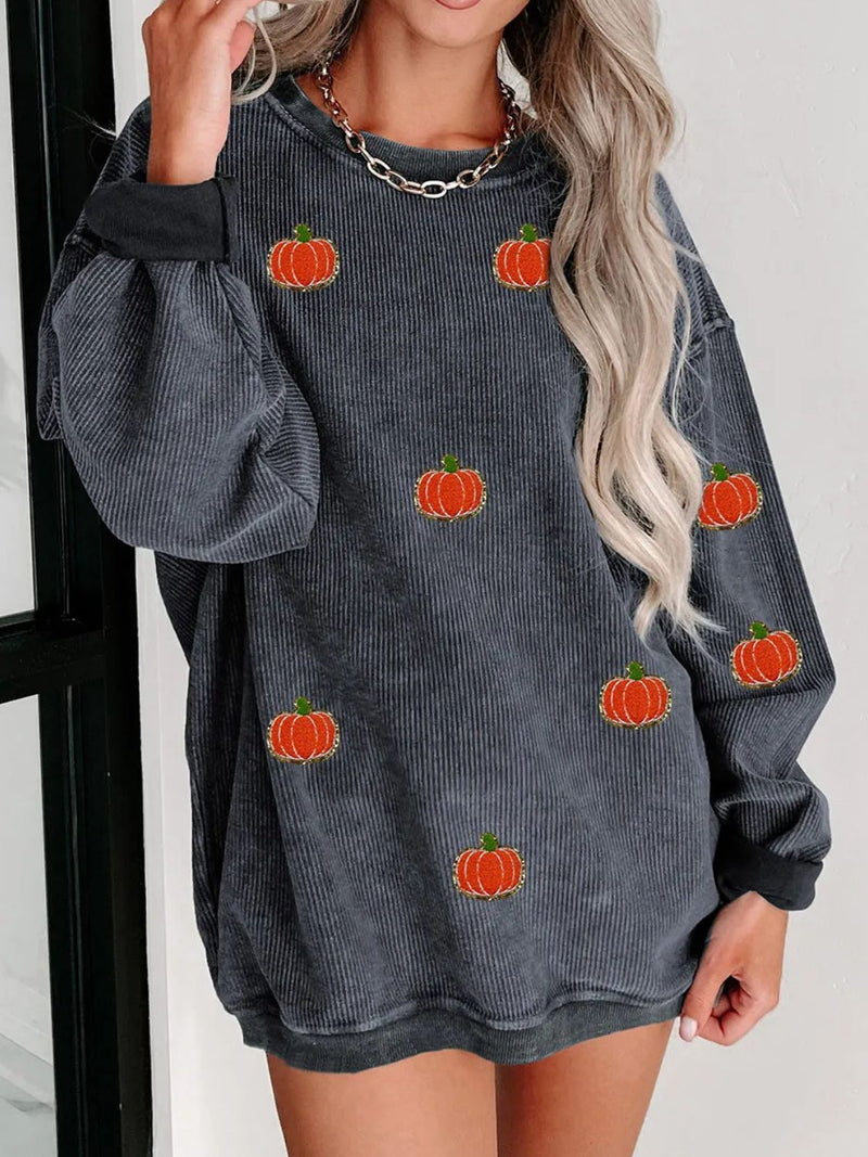 2 COLORS - Pumpkin Round Neck Long Sleeve Sweatshirt