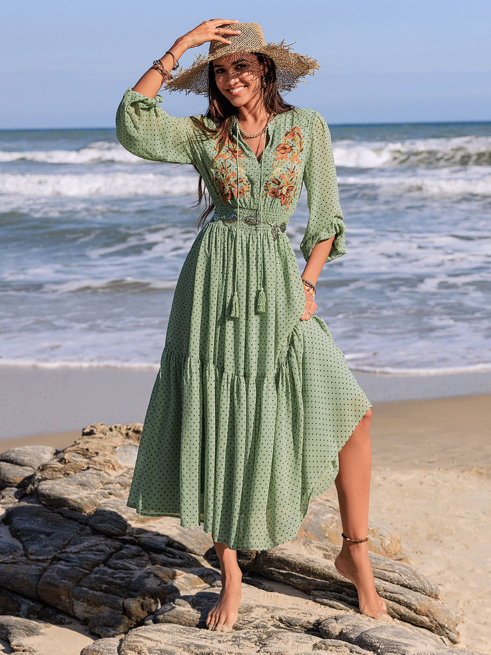 Embroidered Polka Dot Tie Neck Long Sleeve Midi Dress – Wild