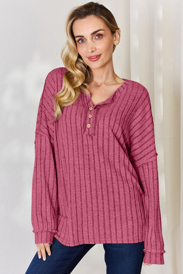 Ribbed Half Button Long Sleeve Top