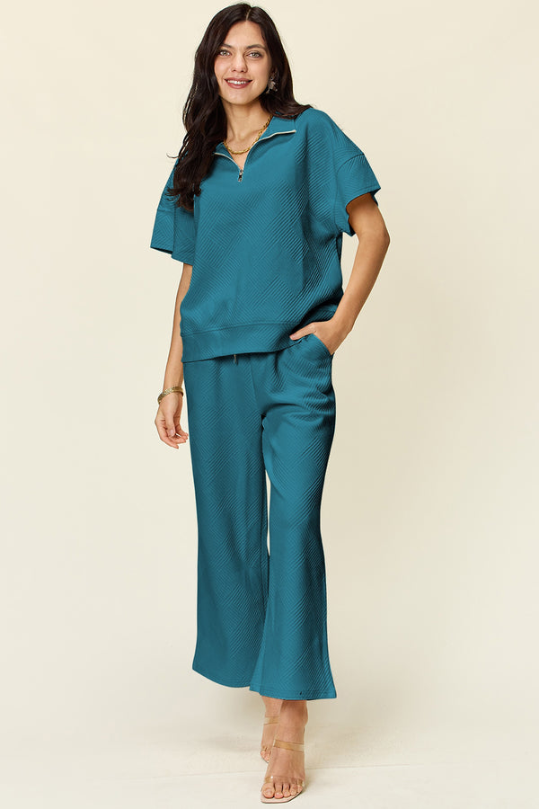 *6 COLORS* Double Take Textured Half Zip Short Sleeve Top and Pants Set