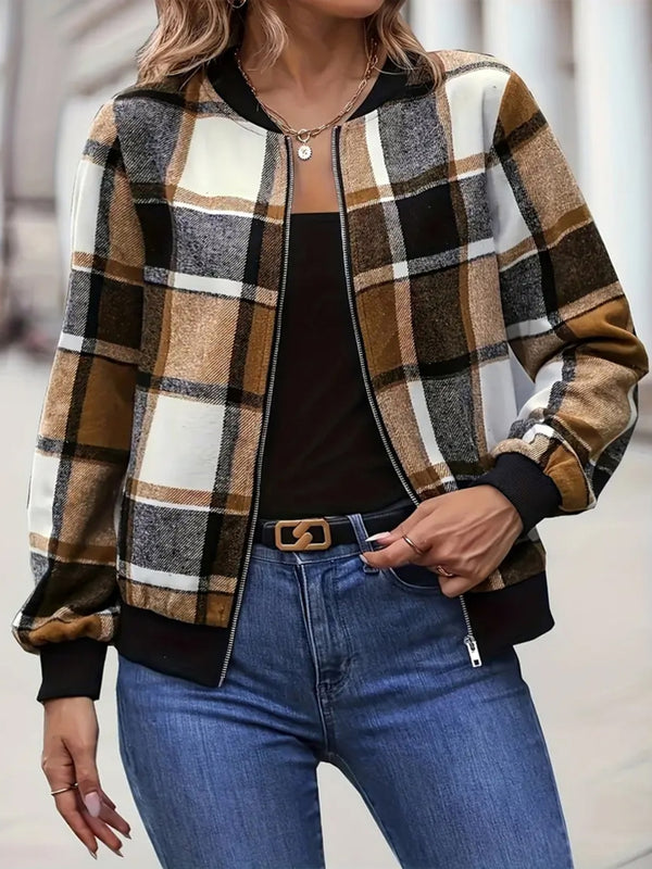 3 COLORS Plus Size Plaid Baseball Collar Zip Up Jacket