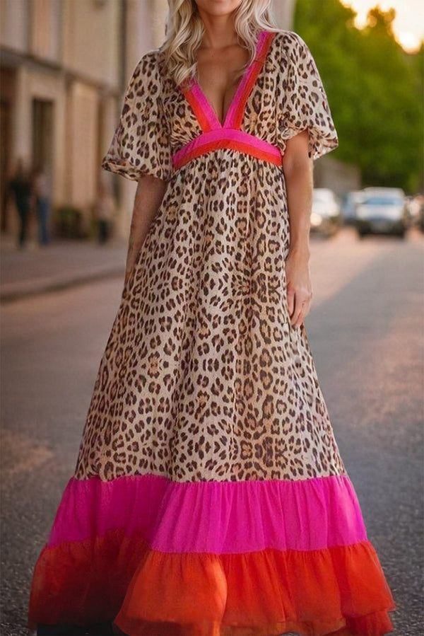Leopard V-Neck Half Sleeve Maxi Dress