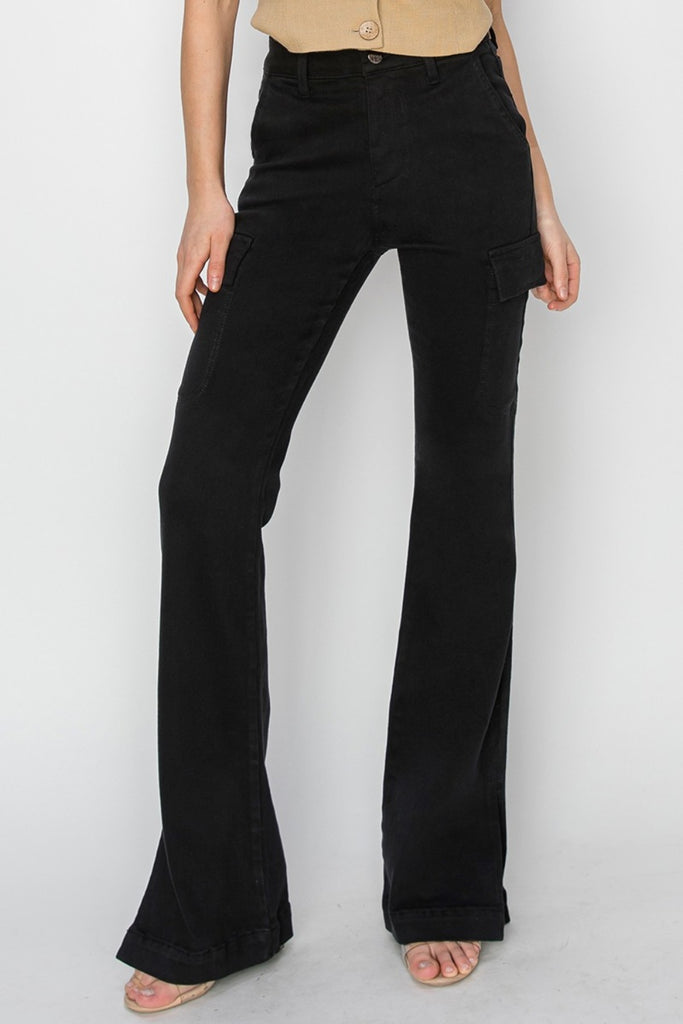 【DEARMINE】Washing bootcut slit pants Risen Women's High Rise Side Slit Cargo Bootcut Jeans (US