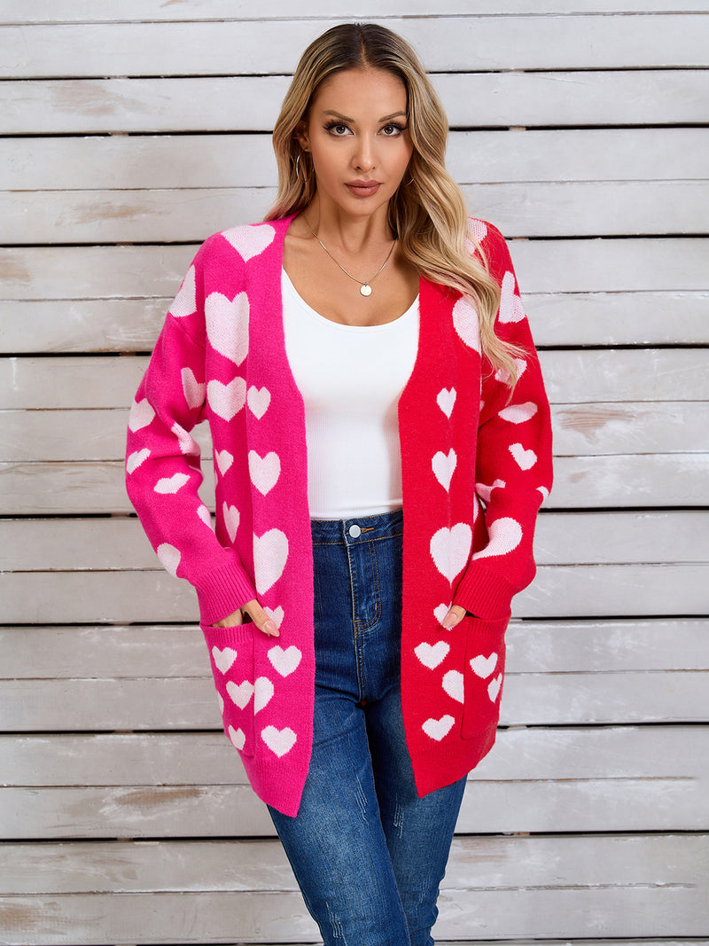 3 COLORS Heart Open Front Long Sleeve Cardigan