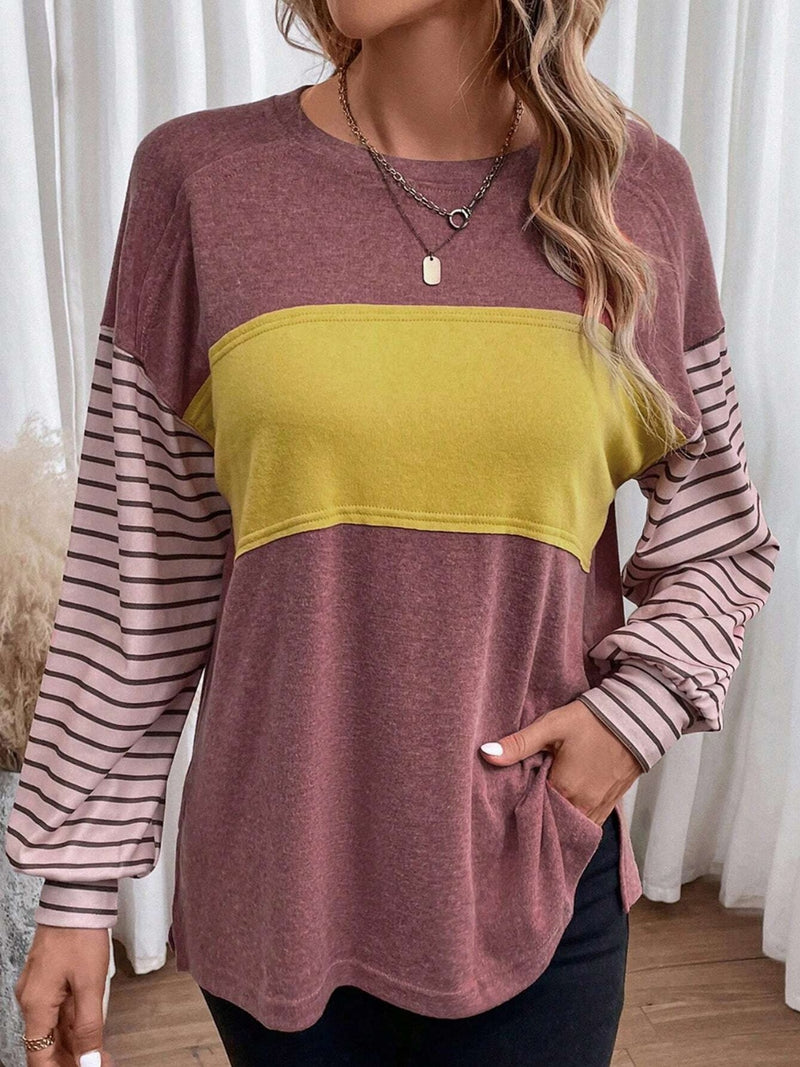 Round Neck Striped Long Sleeve Slit Top