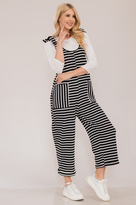 Striped Scoop Neck Overalls with Pockets