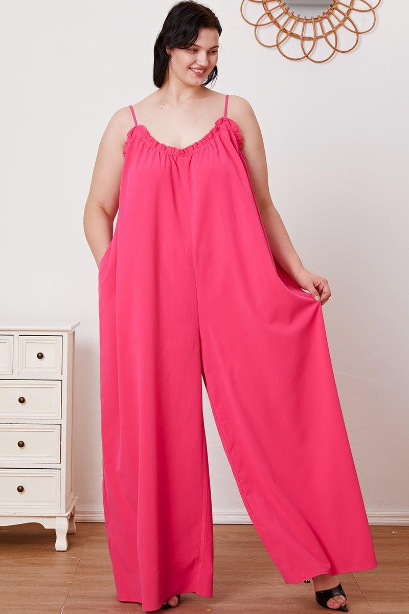 2 COLORS -  Ruffle Trim Tie Back Cami Jumpsuit with Pockets