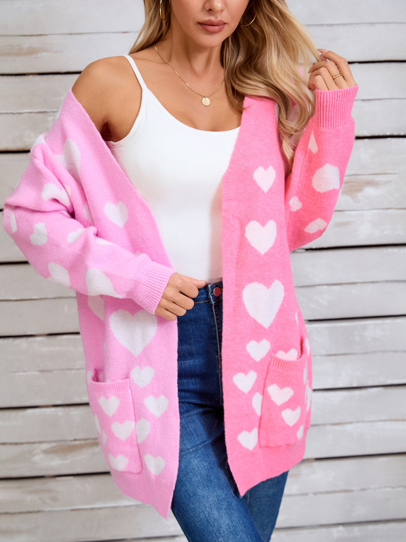 3 COLORS Heart Open Front Long Sleeve Cardigan