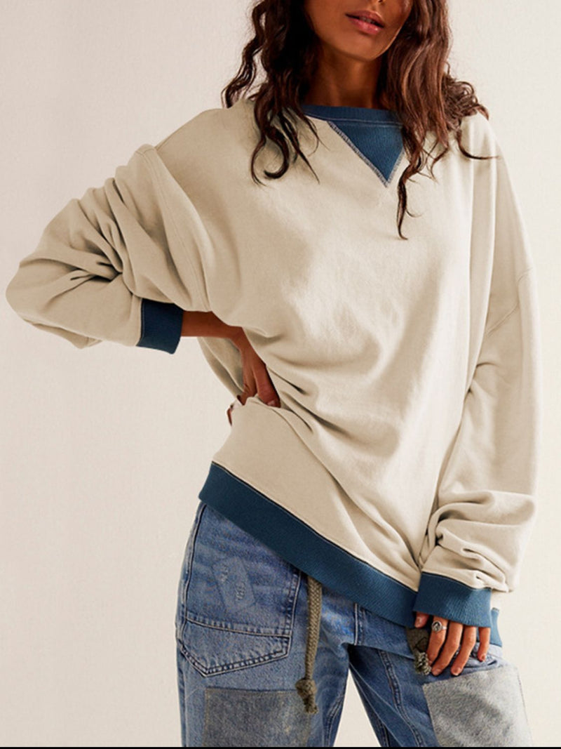 *6 COLORS* Contrast Trim Round Neck Long Sleeve Sweatshirt