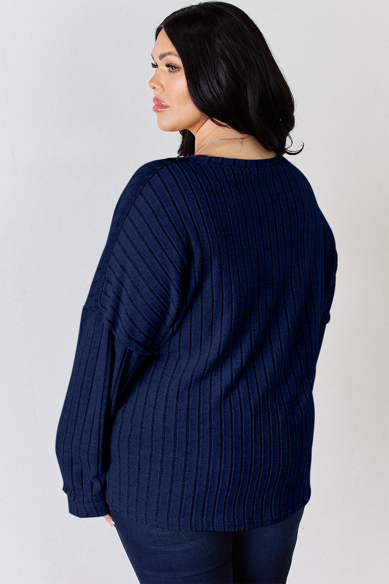 Ribbed Half Button Long Sleeve Top