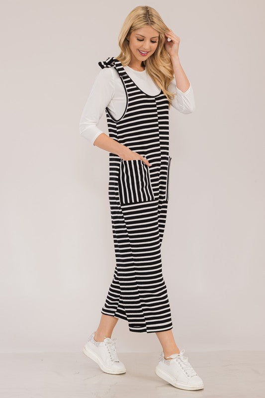 Striped Scoop Neck Overalls with Pockets