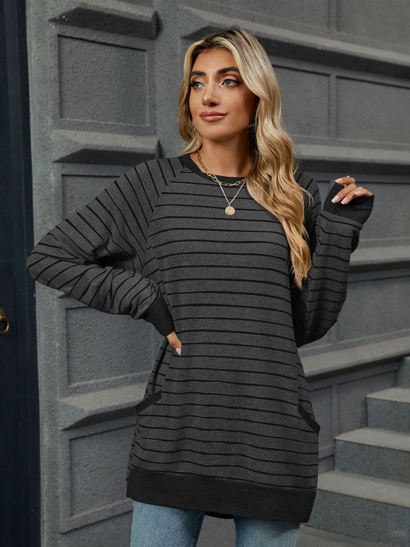 *8 COLORS* Pocketed Striped Round Neck Long Sleeve Top