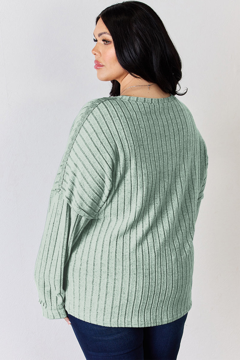 Ribbed Half Button Long Sleeve Top