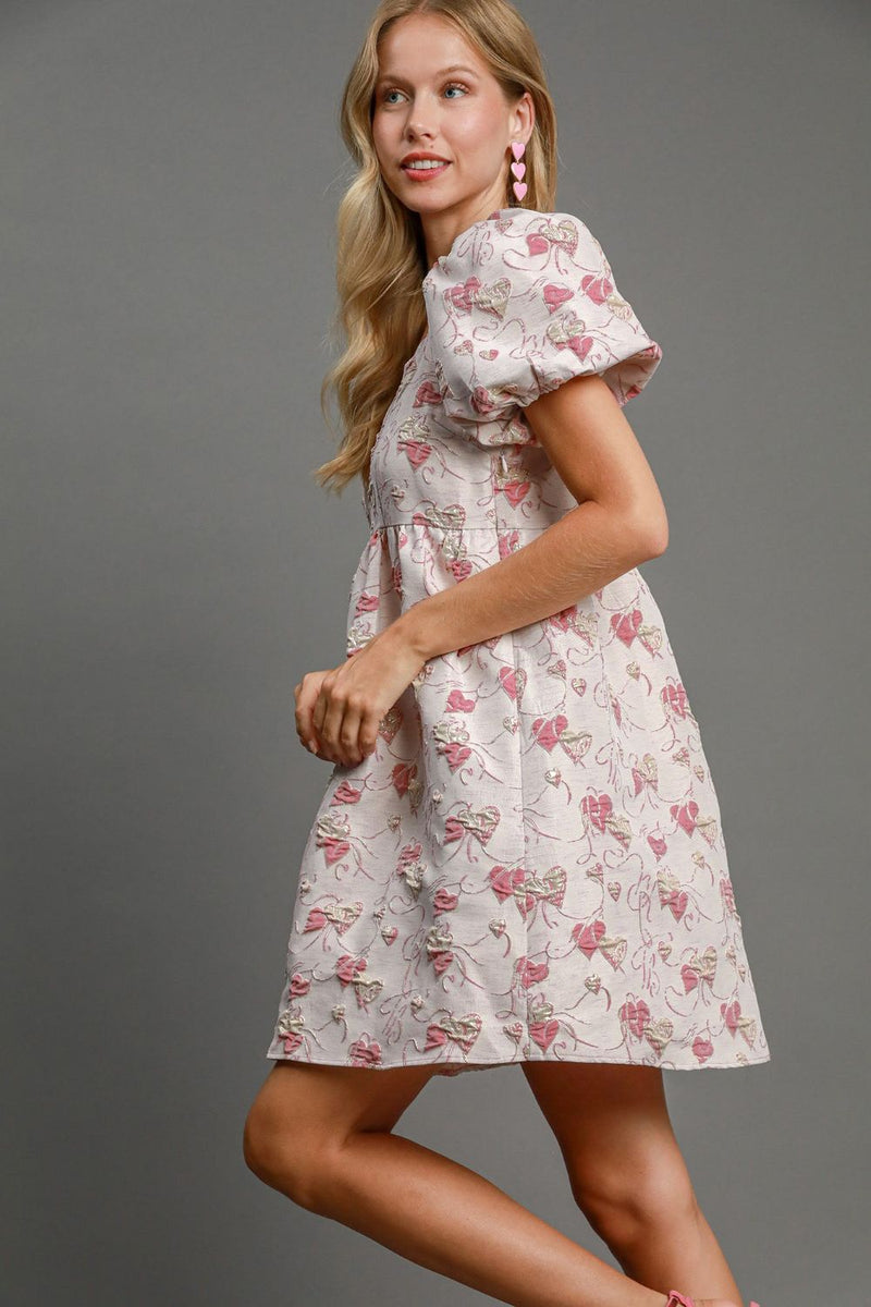 Heart Jacquard Square Neck Puff Sleeve Dress