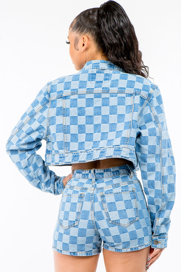 Checkered Long Sleeve Cropped Denim Jacket