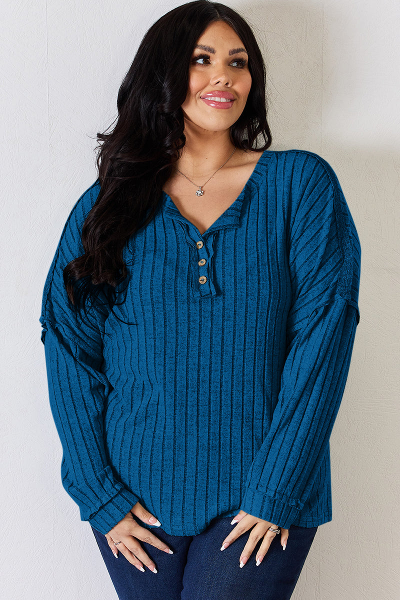 Ribbed Half Button Long Sleeve Top