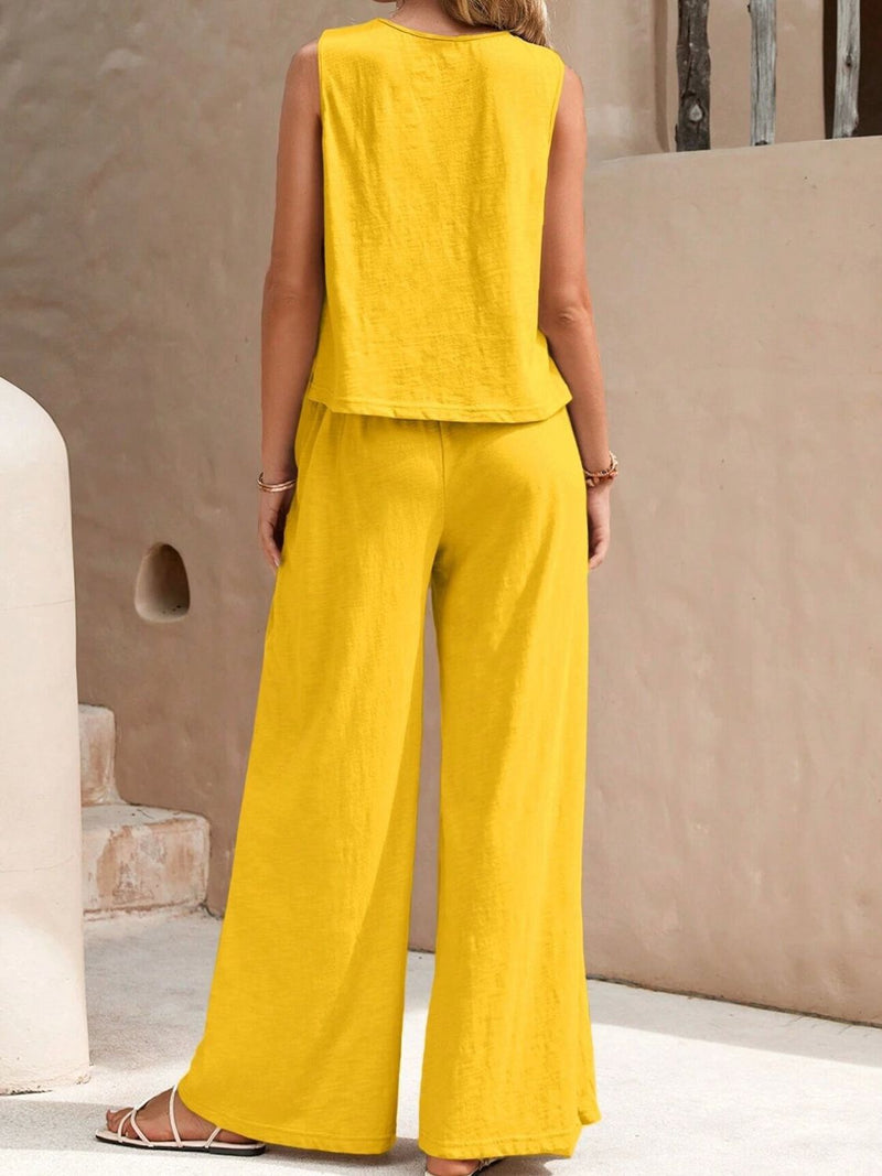 *5 COLORS* Round Neck Sleeveless Top and Wide Leg Pants Set