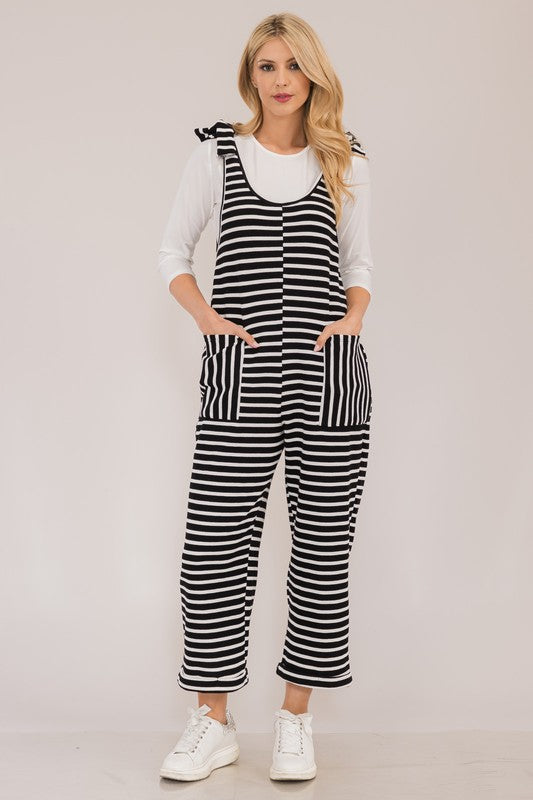 Striped Scoop Neck Overalls with Pockets