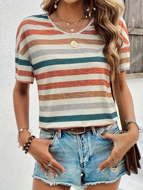 *2 colors* Striped Round Neck Short Sleeve Top