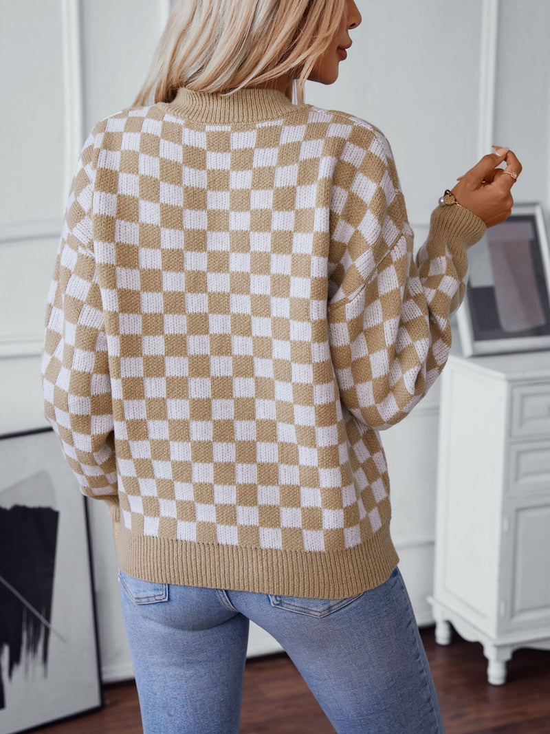 3 COLORS Checkered V-Neck Dropped Shoulder Sweater