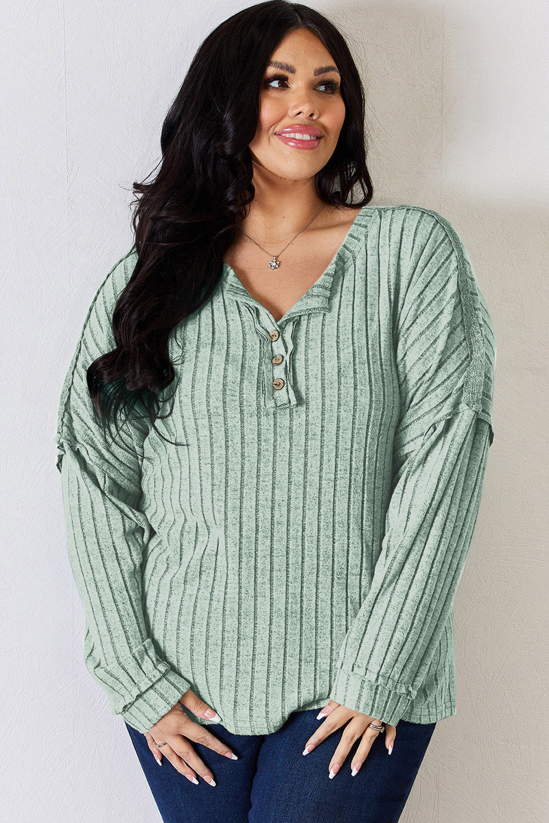 Ribbed Half Button Long Sleeve Top