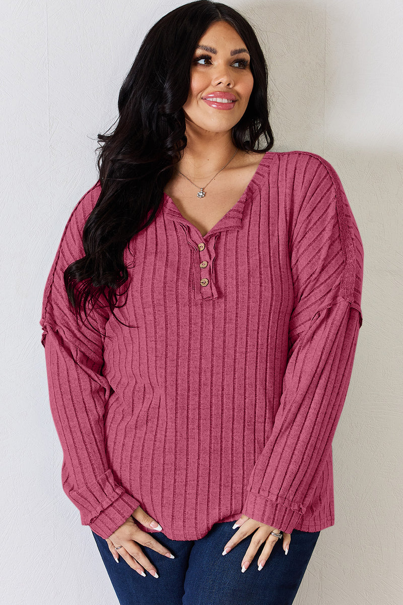 Ribbed Half Button Long Sleeve Top