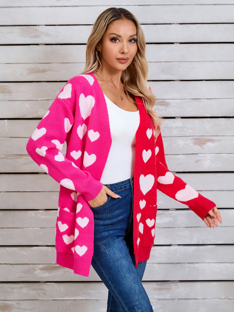 3 COLORS Heart Open Front Long Sleeve Cardigan