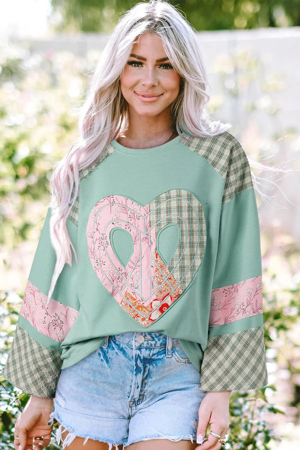 2 COLORS Heart Plaid Round Neck Long Sleeve Blouse