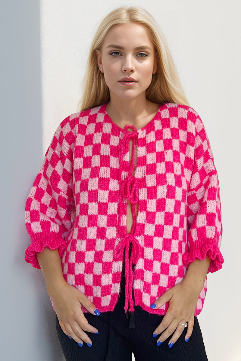 7 COLORS Checkered Dropped Shoulder Flounce Sleeve Cardigan