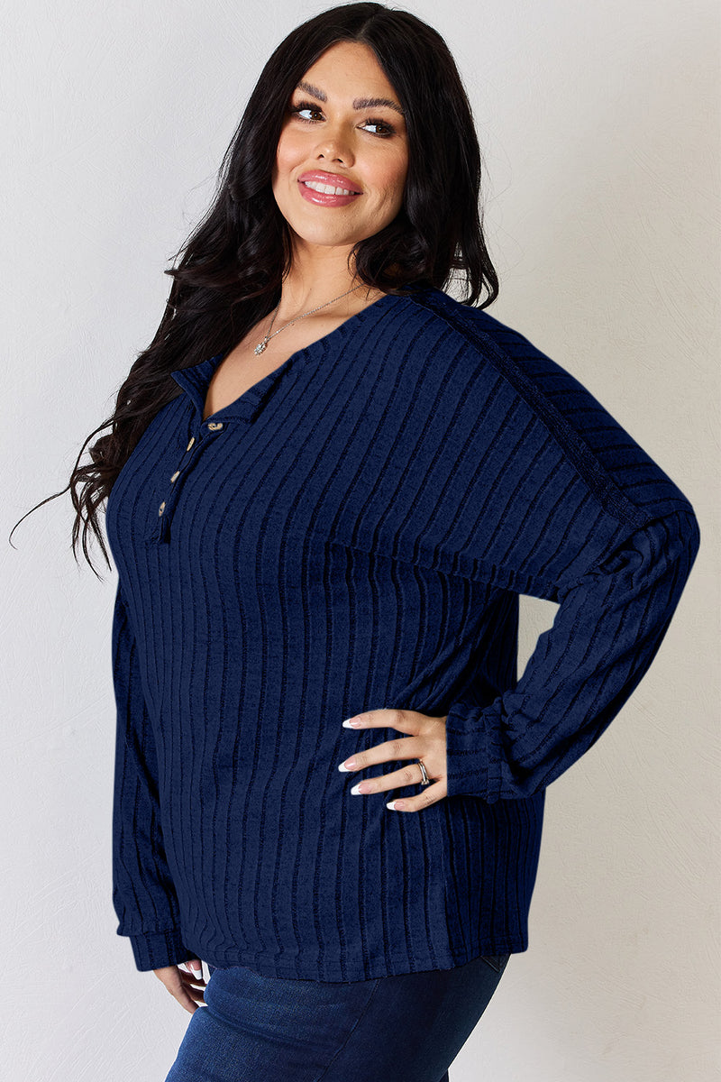 Ribbed Half Button Long Sleeve Top